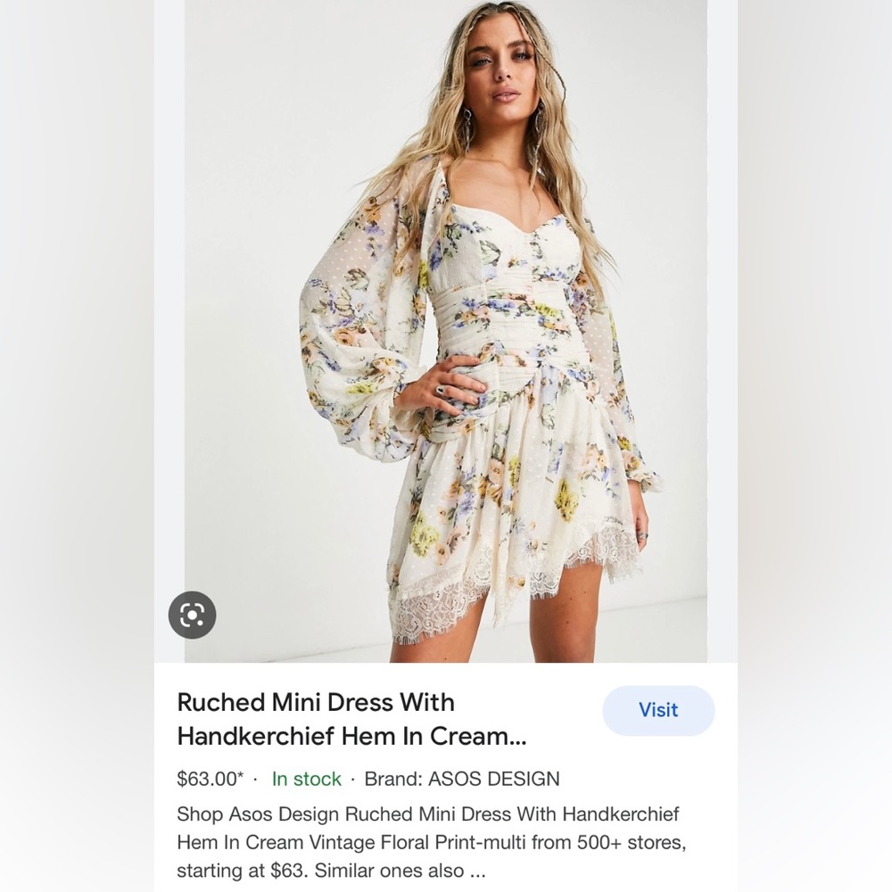 ASOS Design Ruched Mini Dress w/ Handkerchief
Hem Cream Vintage Floral Print NWT